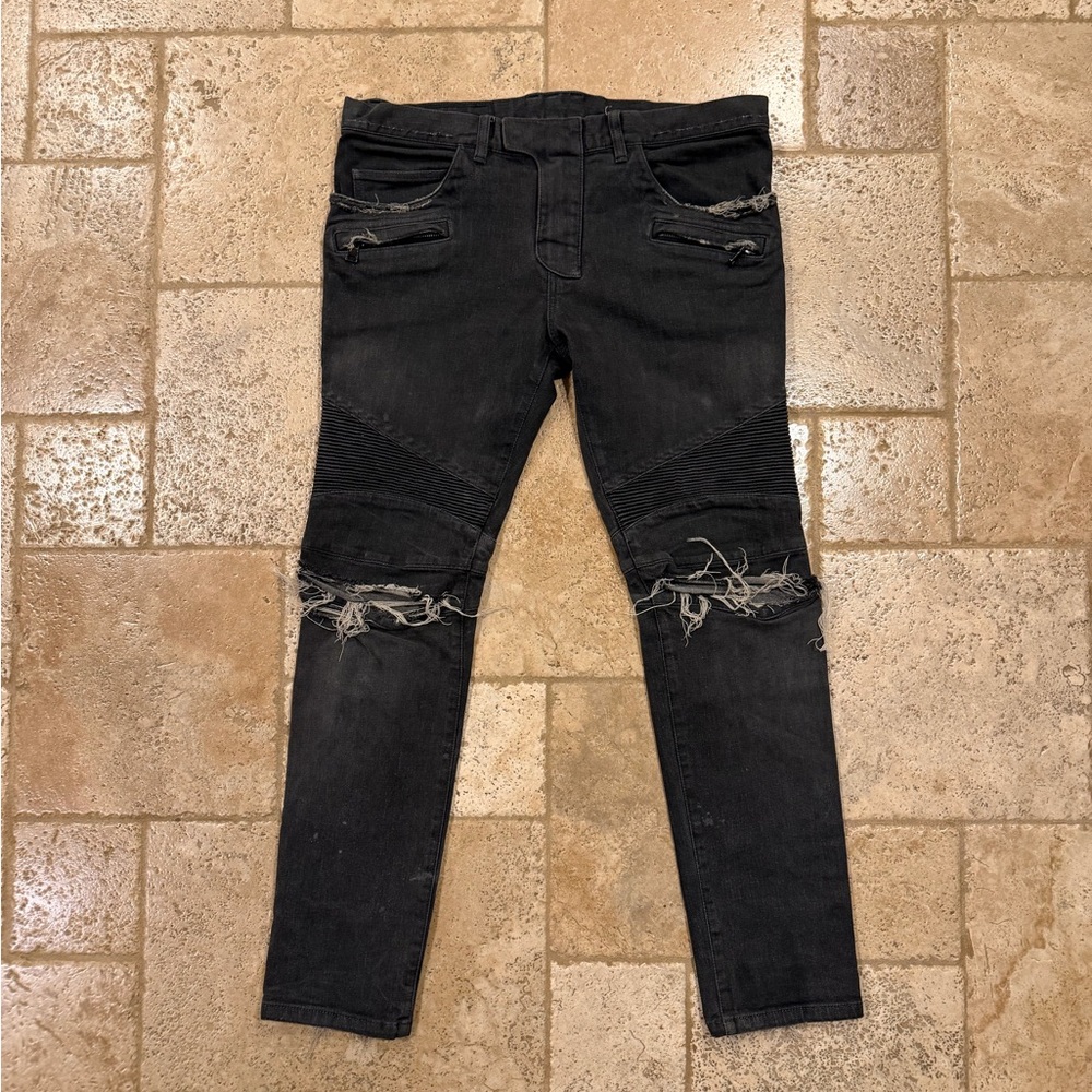Balmain Moto Biker Distressed Stone Dark Gray Denim Jeans
